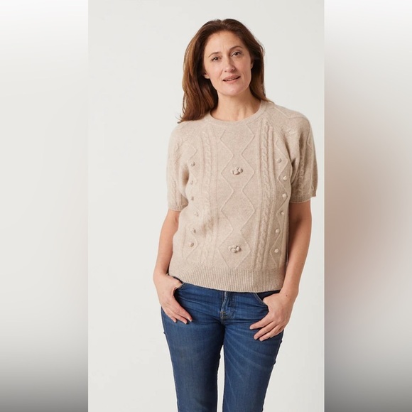 Jumper 1234 cashmere buff short sleeve Aran crew hand applied bobbles sweater. - Picture 2 of 13
